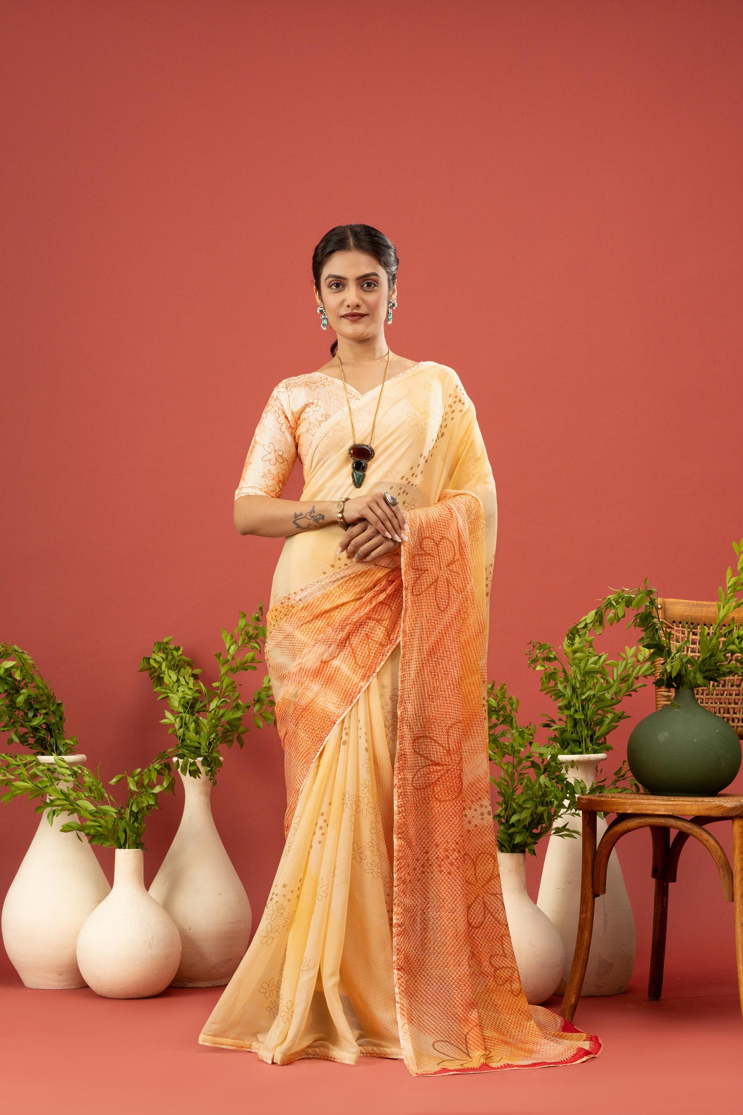 SUNSHINE YELLOW & FLORAL ORANGE SAREE