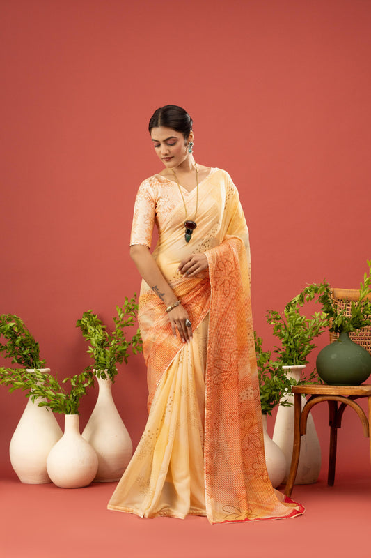 SUNSHINE YELLOW & FLORAL ORANGE SAREE