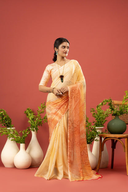 SUNSHINE YELLOW & FLORAL ORANGE SAREE
