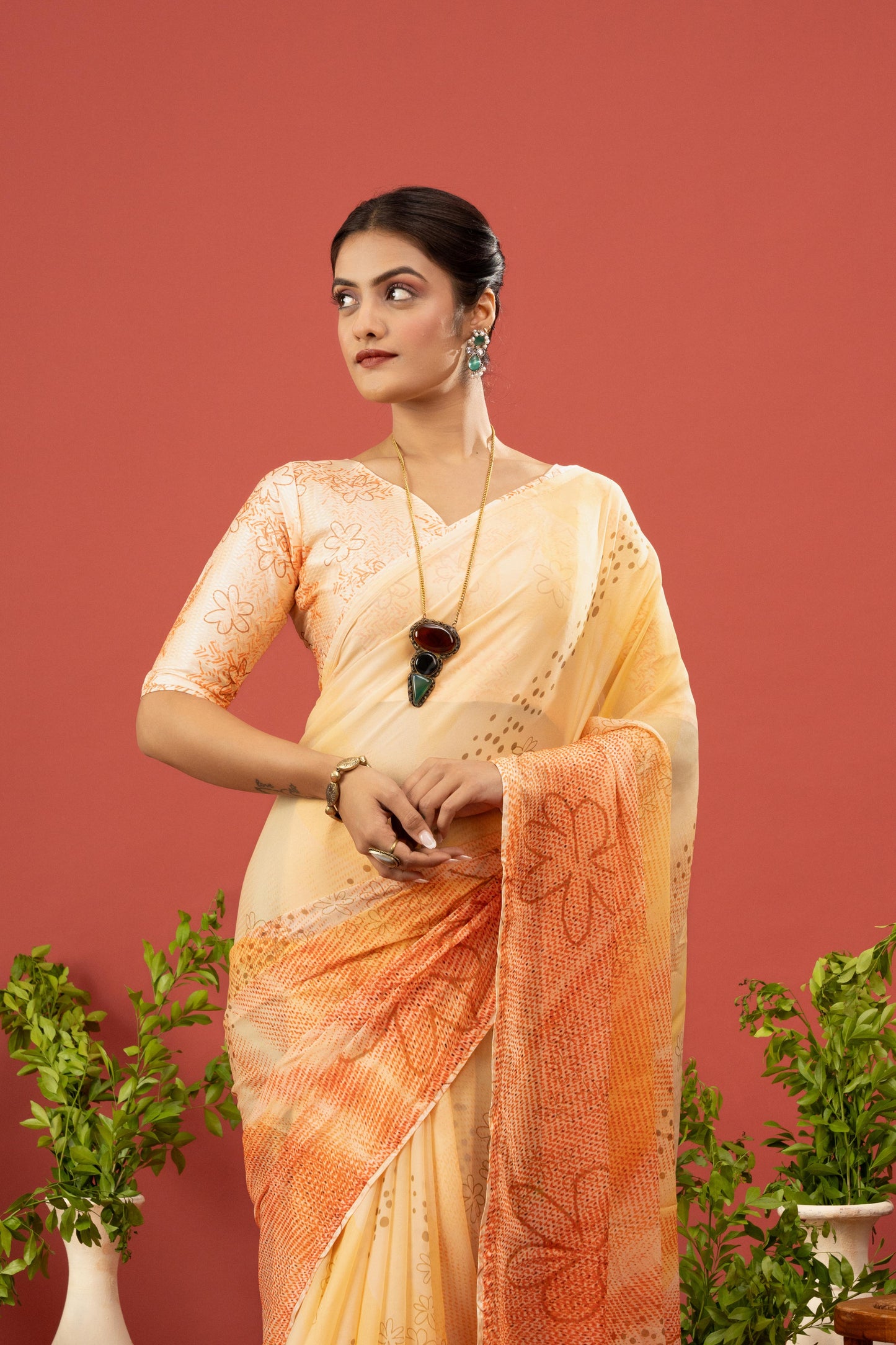 SUNSHINE YELLOW & FLORAL ORANGE SAREE