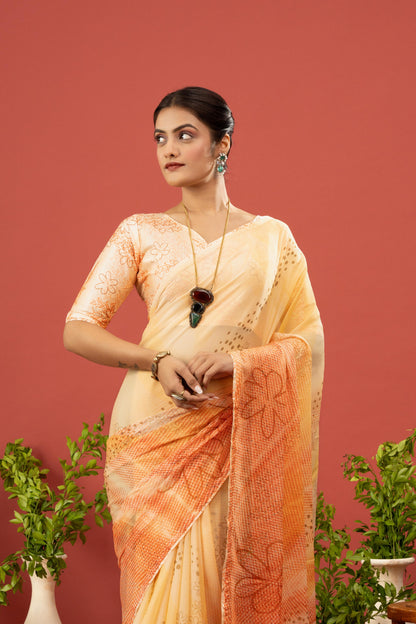SUNSHINE YELLOW & FLORAL ORANGE SAREE