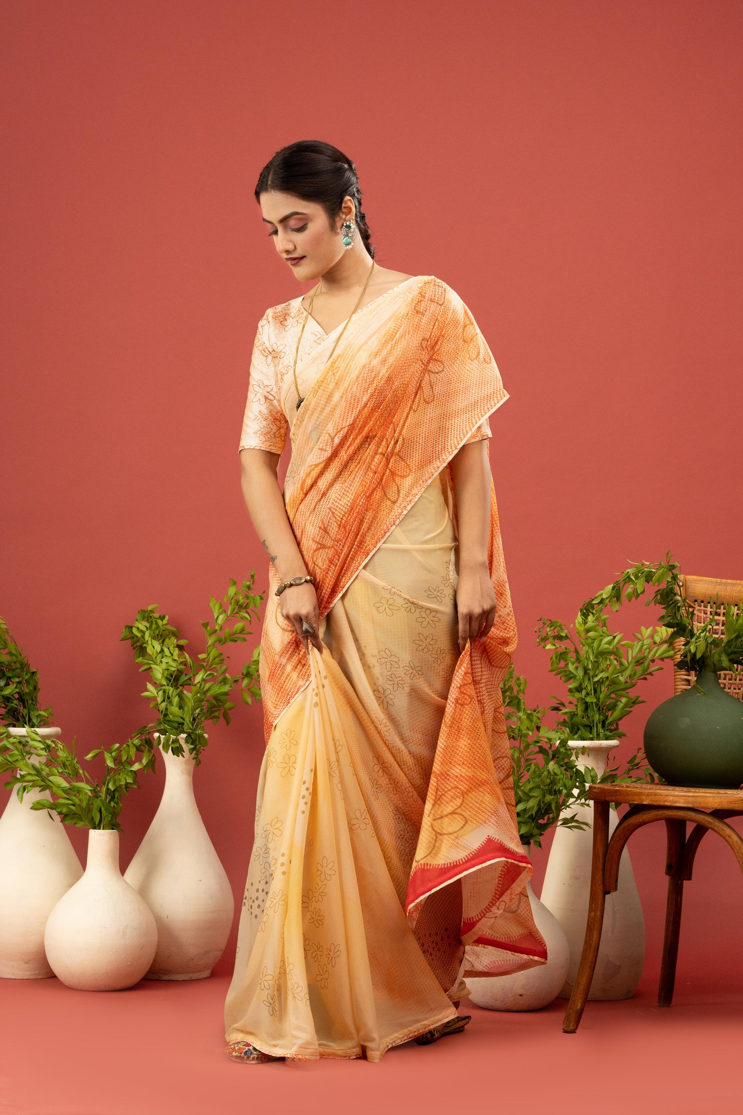 SUNSHINE YELLOW & FLORAL ORANGE SAREE