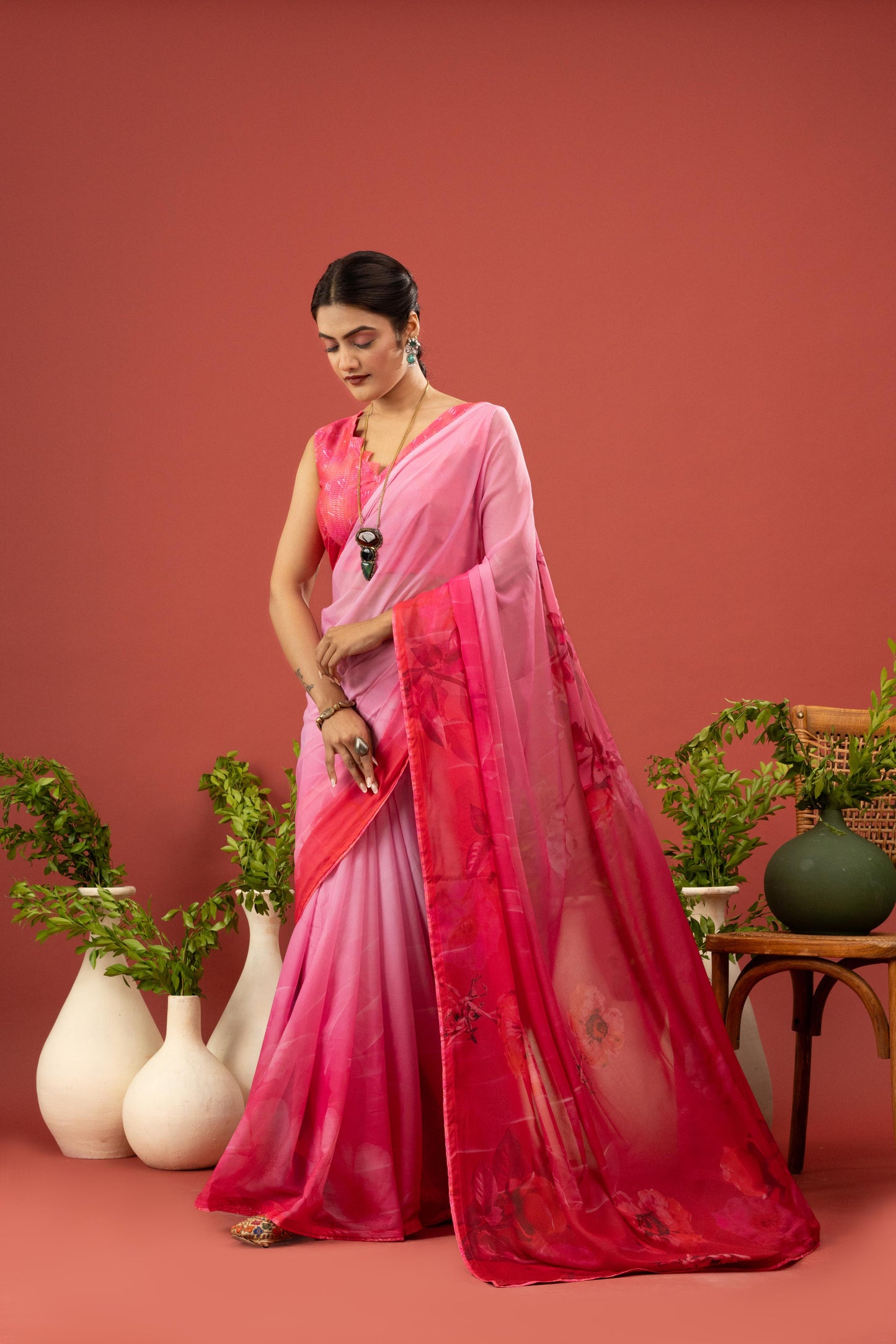 BLUSH PINK FLORAL BORDER SAREE