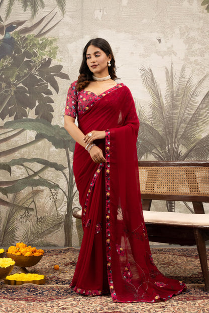 CRIMSON FLORAL ARTISAN SAREE
