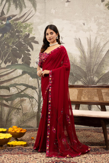 CRIMSON FLORAL ARTISAN SAREE