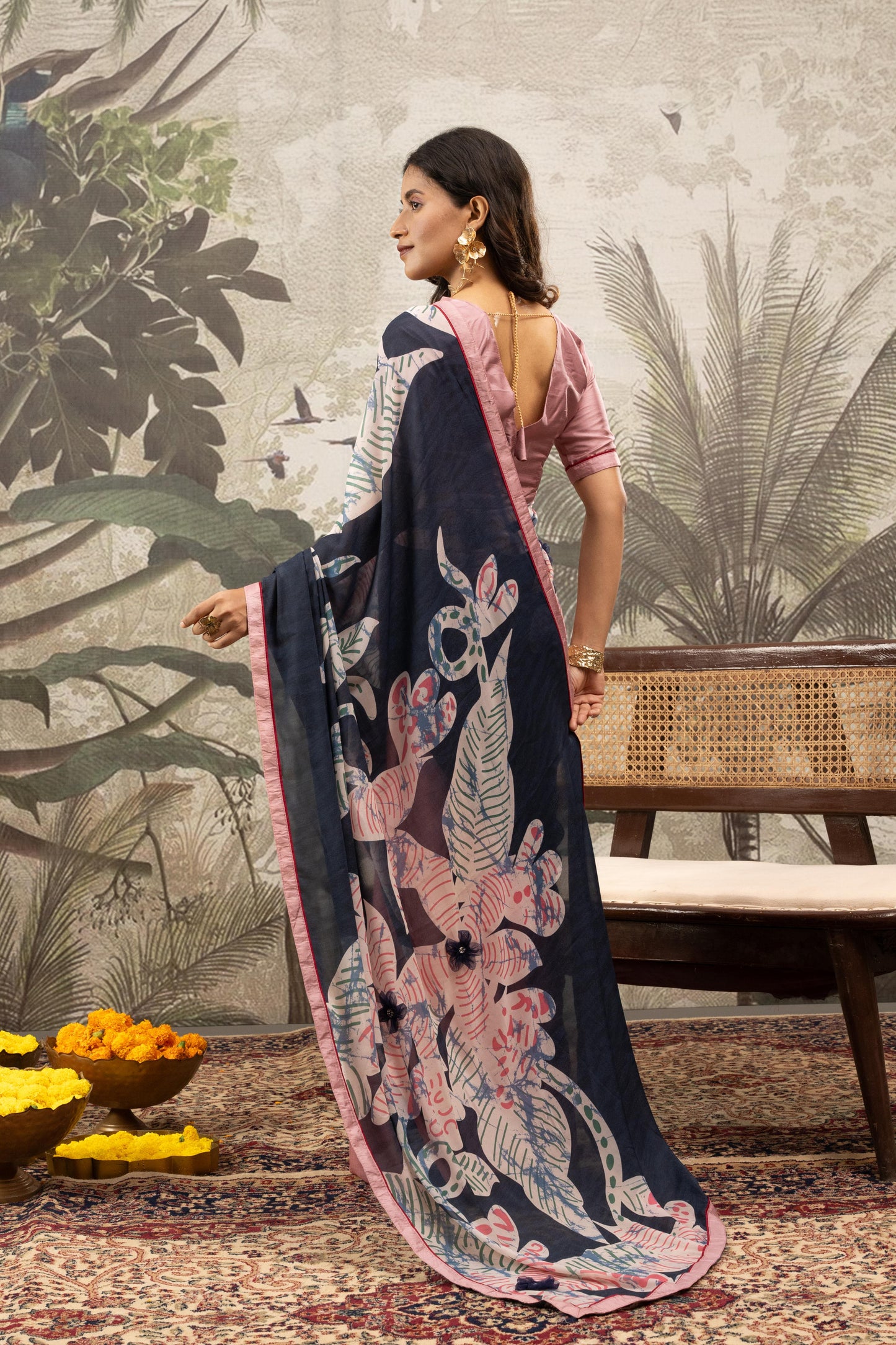 BLUSH & NAVY FUSION ARTISAN SAREE