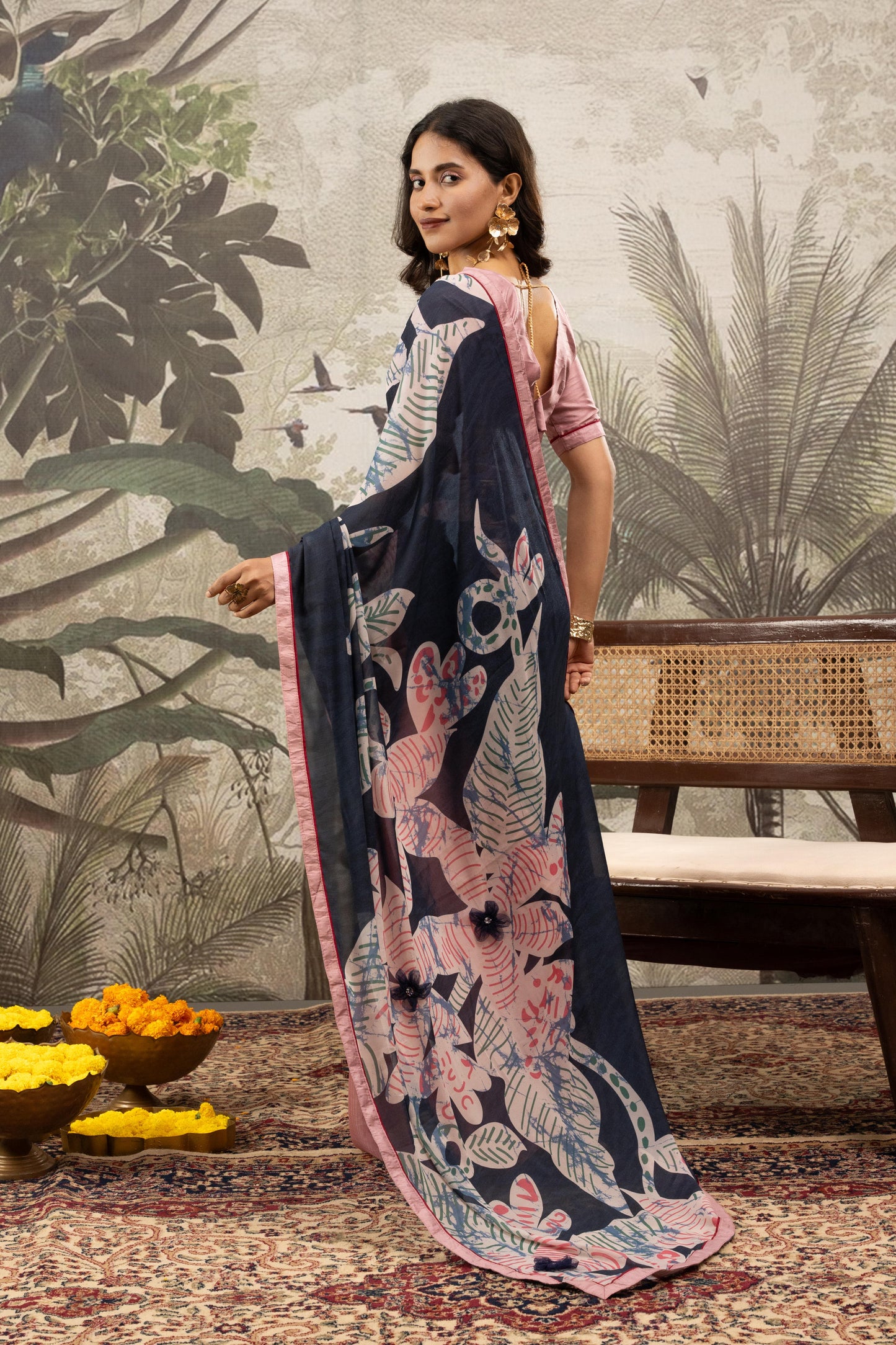 BLUSH & NAVY FUSION ARTISAN SAREE