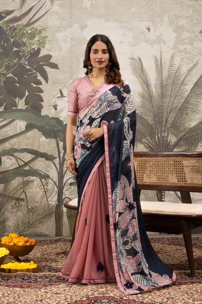 BLUSH & NAVY FUSION ARTISAN SAREE