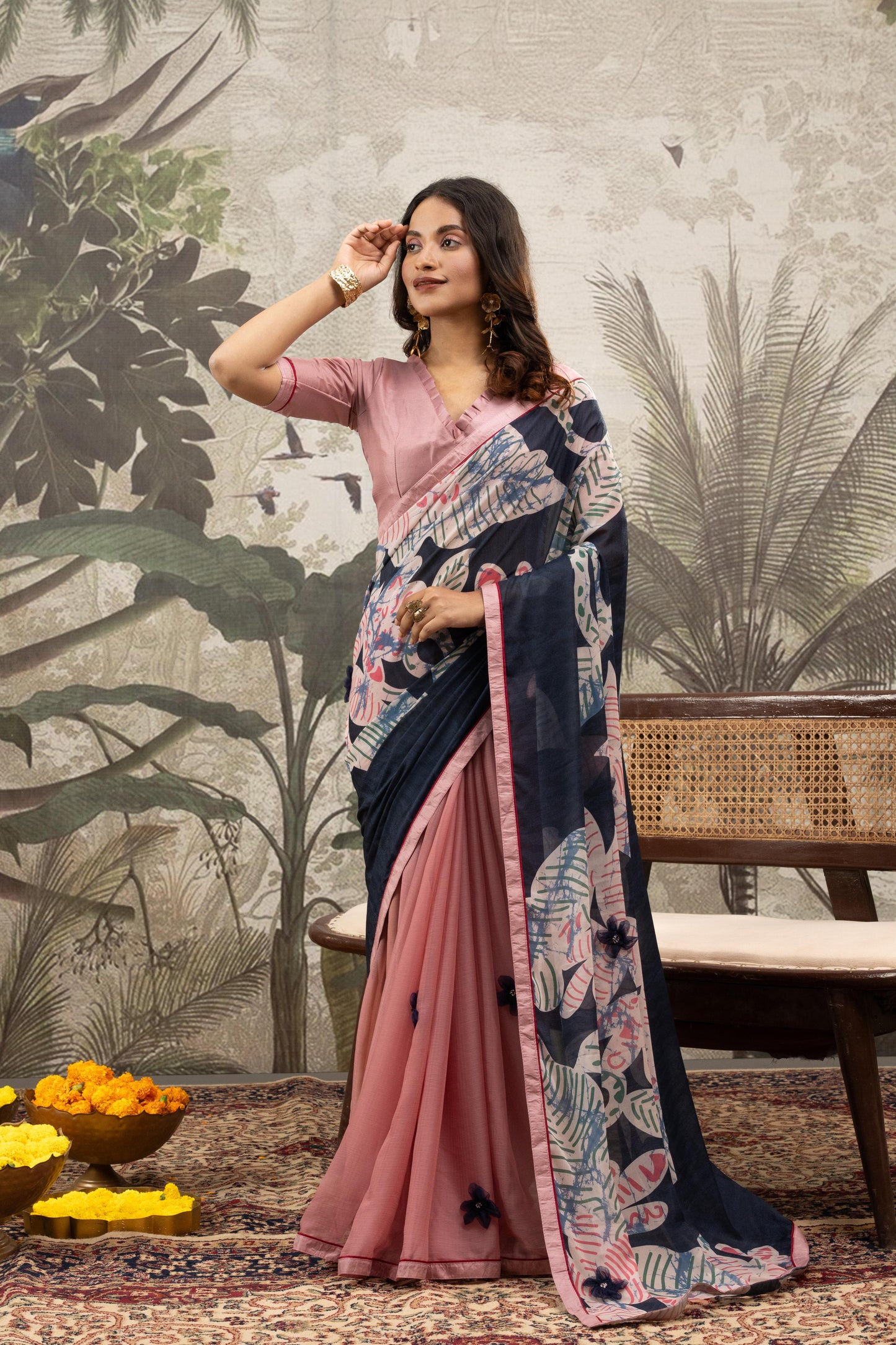 BLUSH & NAVY FUSION ARTISAN SAREE