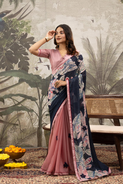 BLUSH & NAVY FUSION ARTISAN SAREE