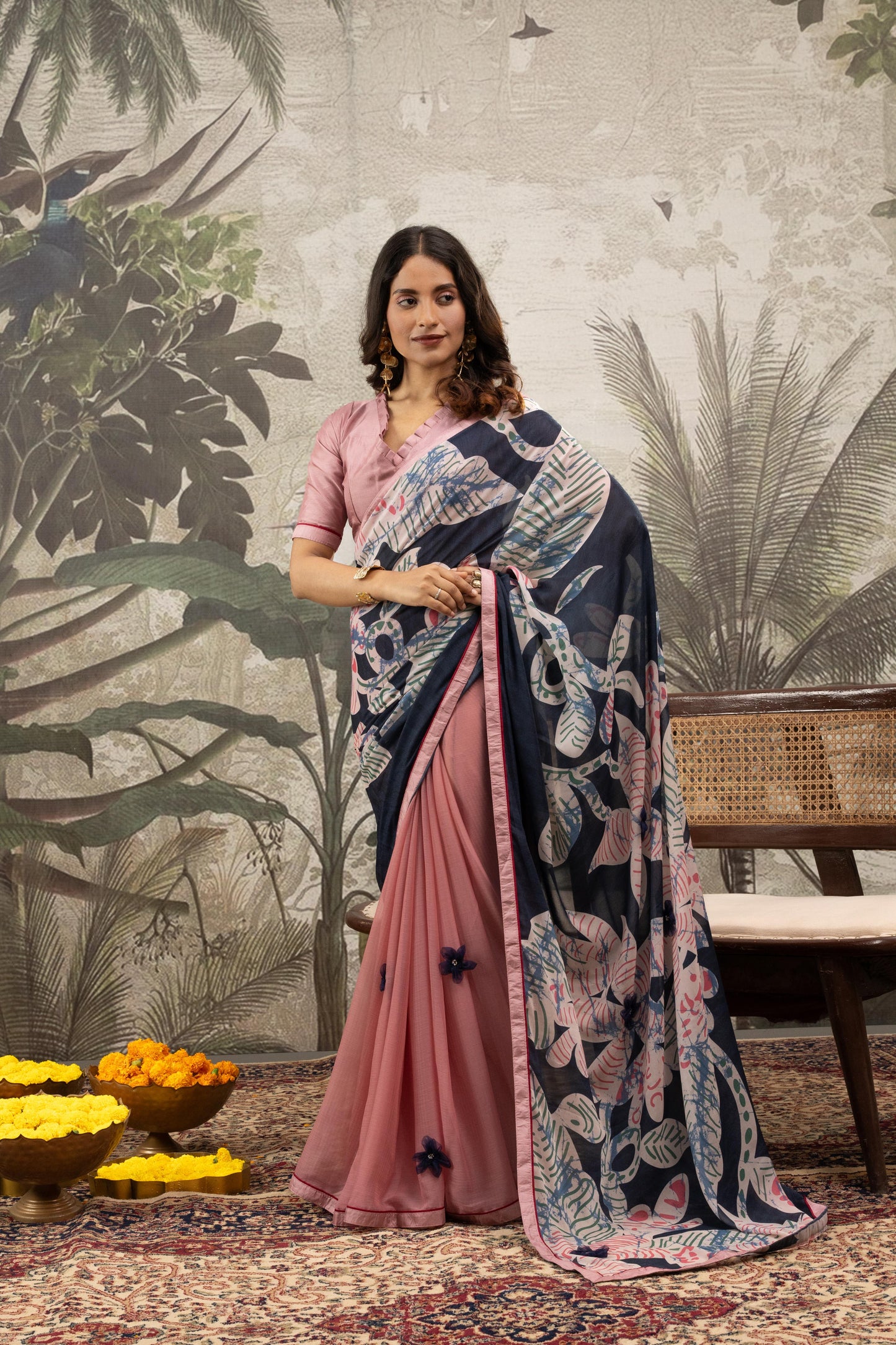 BLUSH & NAVY FUSION ARTISAN SAREE