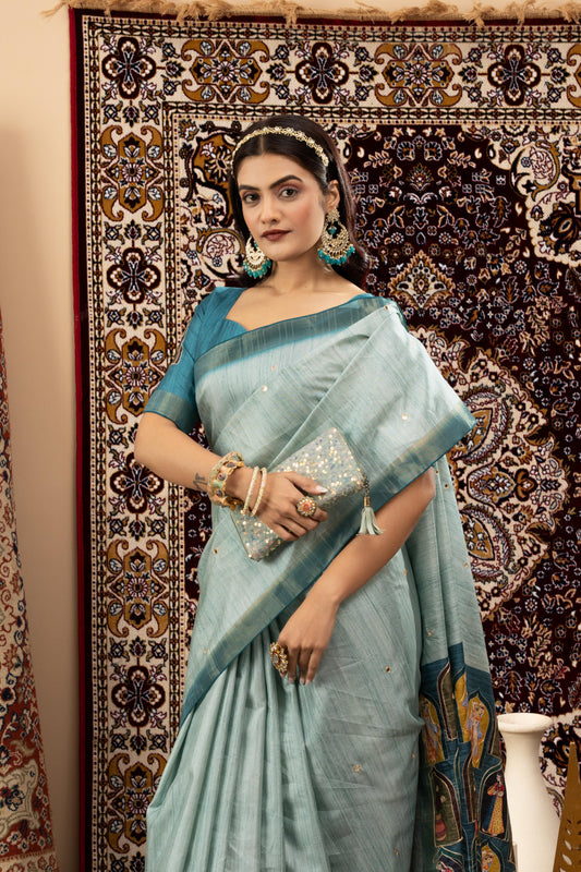 MAJESTIC SEAFOAM BLUE SILK-LINEN SAREE