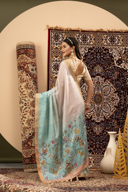 SERENE PEARL & SKY BLUE HERITAGE SAREE