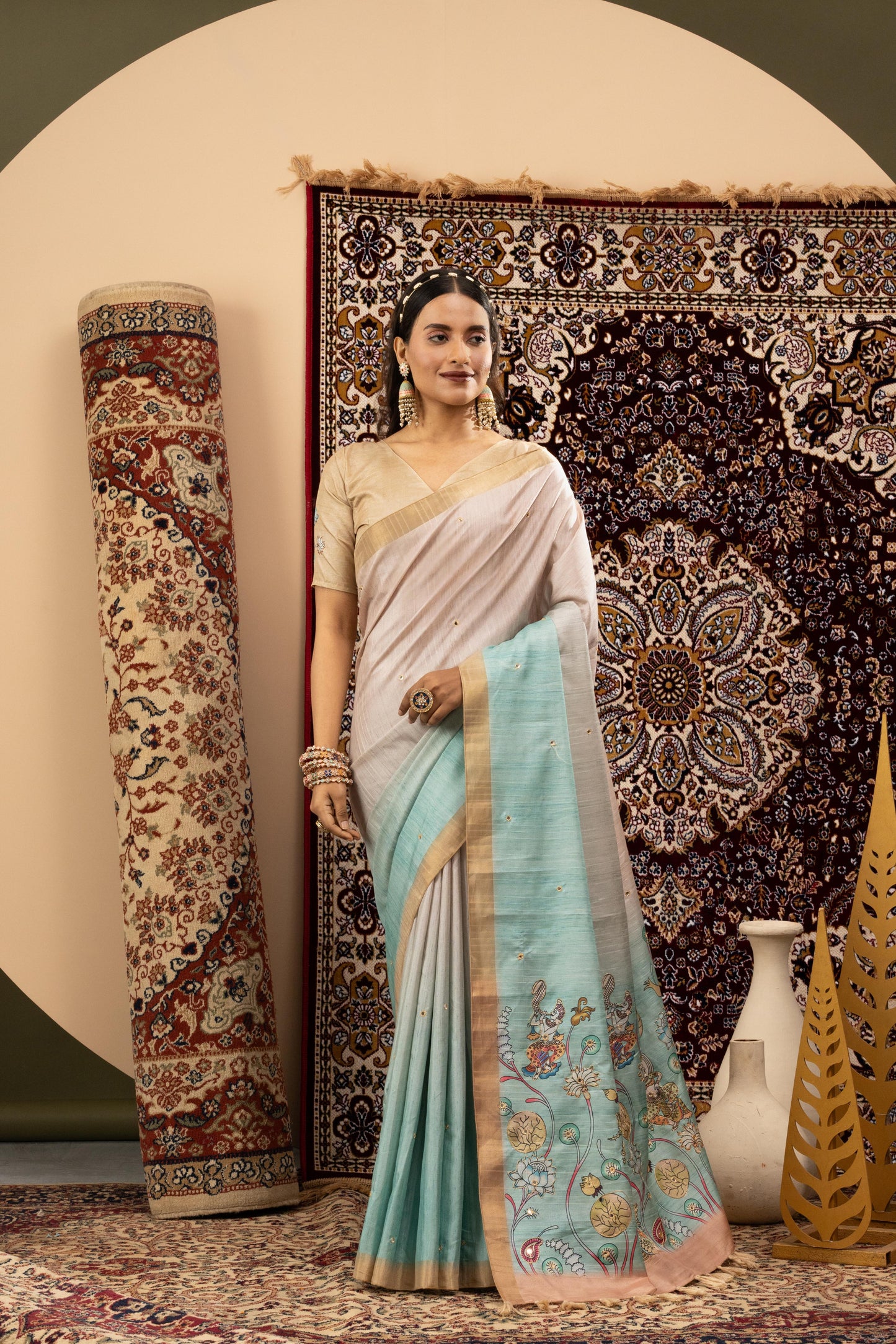 SERENE PEARL & SKY BLUE HERITAGE SAREE