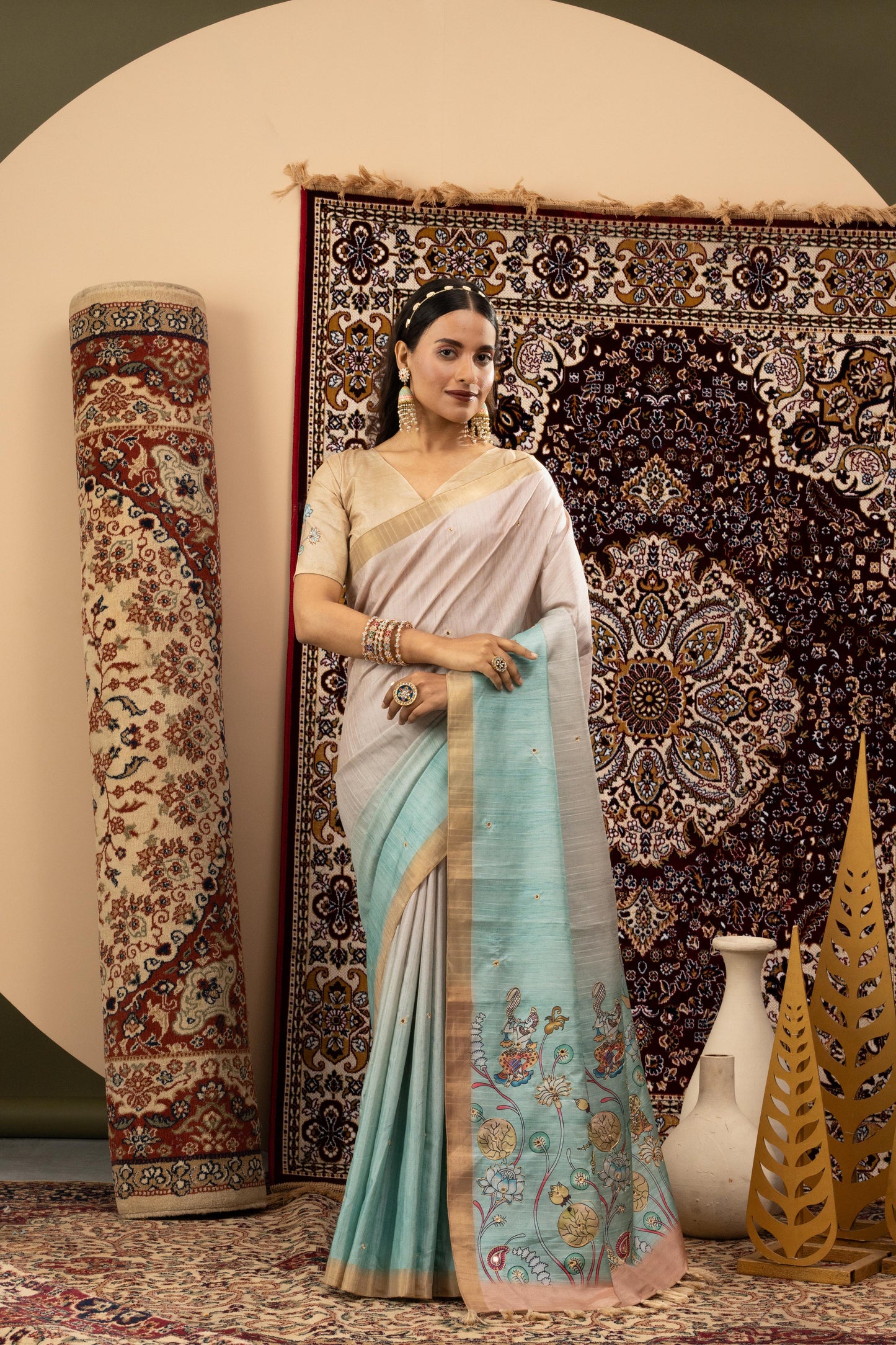 SERENE PEARL & SKY BLUE HERITAGE SAREE