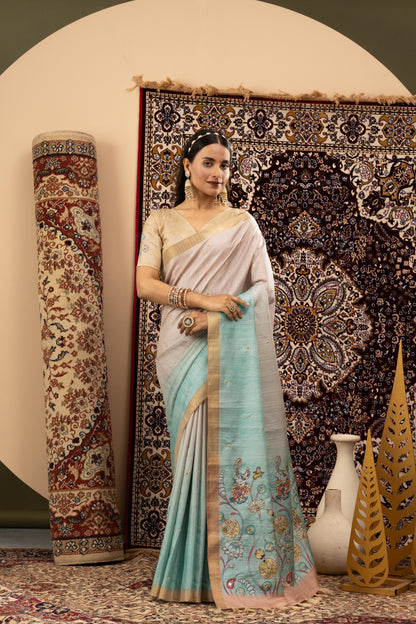 SERENE PEARL & SKY BLUE HERITAGE SAREE