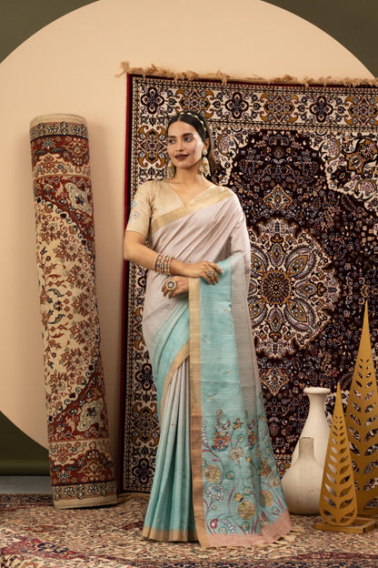 SERENE PEARL & SKY BLUE HERITAGE SAREE
