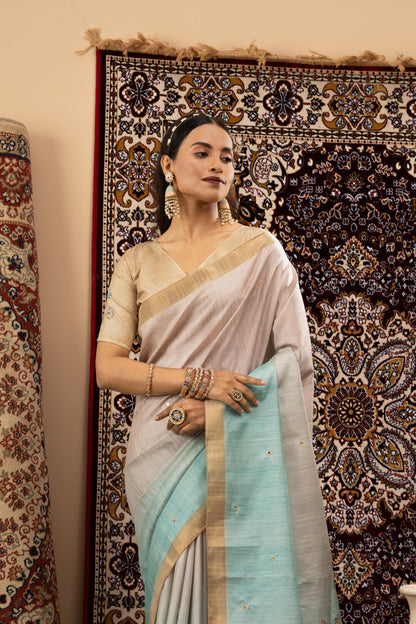SERENE PEARL & SKY BLUE HERITAGE SAREE