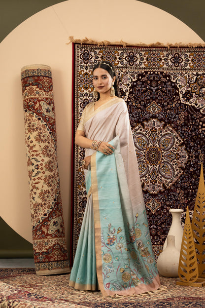 SERENE PEARL & SKY BLUE HERITAGE SAREE