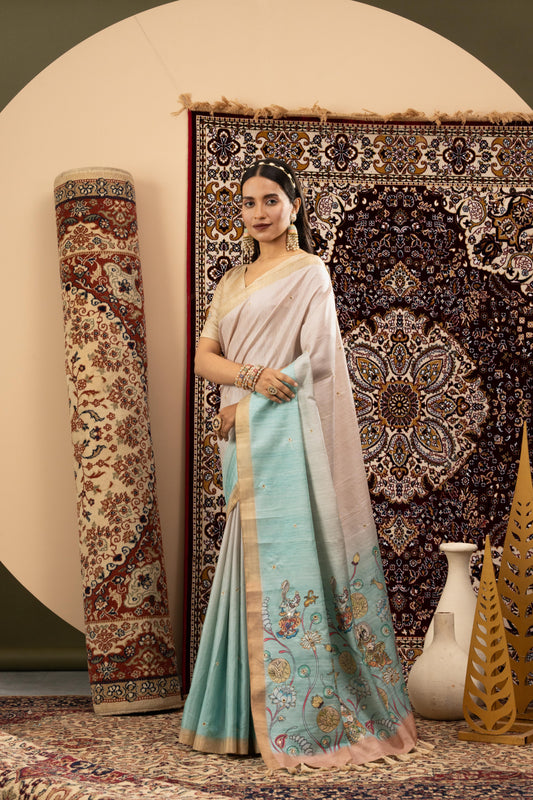 SERENE PEARL & SKY BLUE HERITAGE SAREE