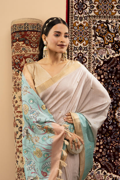 SERENE PEARL & SKY BLUE HERITAGE SAREE