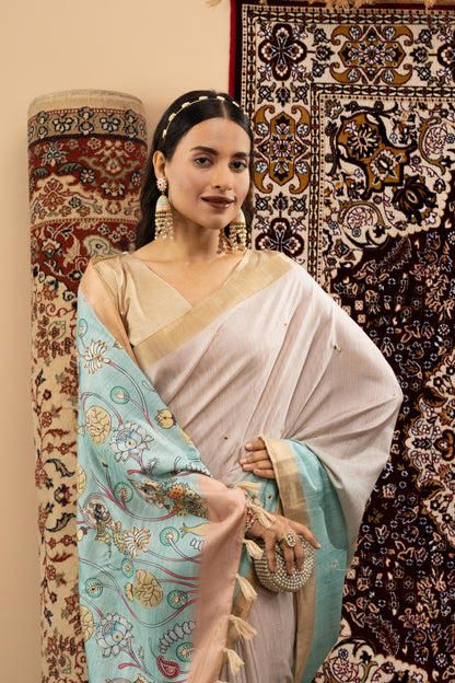 SERENE PEARL & SKY BLUE HERITAGE SAREE
