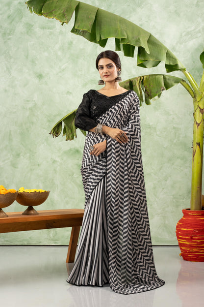 MONOCHROME CHEVRON CHIFFON SAREE
