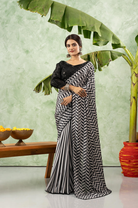 MONOCHROME CHEVRON CHIFFON SAREE