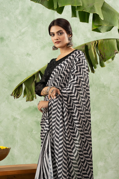 MONOCHROME CHEVRON CHIFFON SAREE