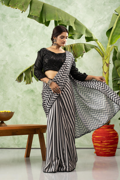 MONOCHROME CHEVRON CHIFFON SAREE