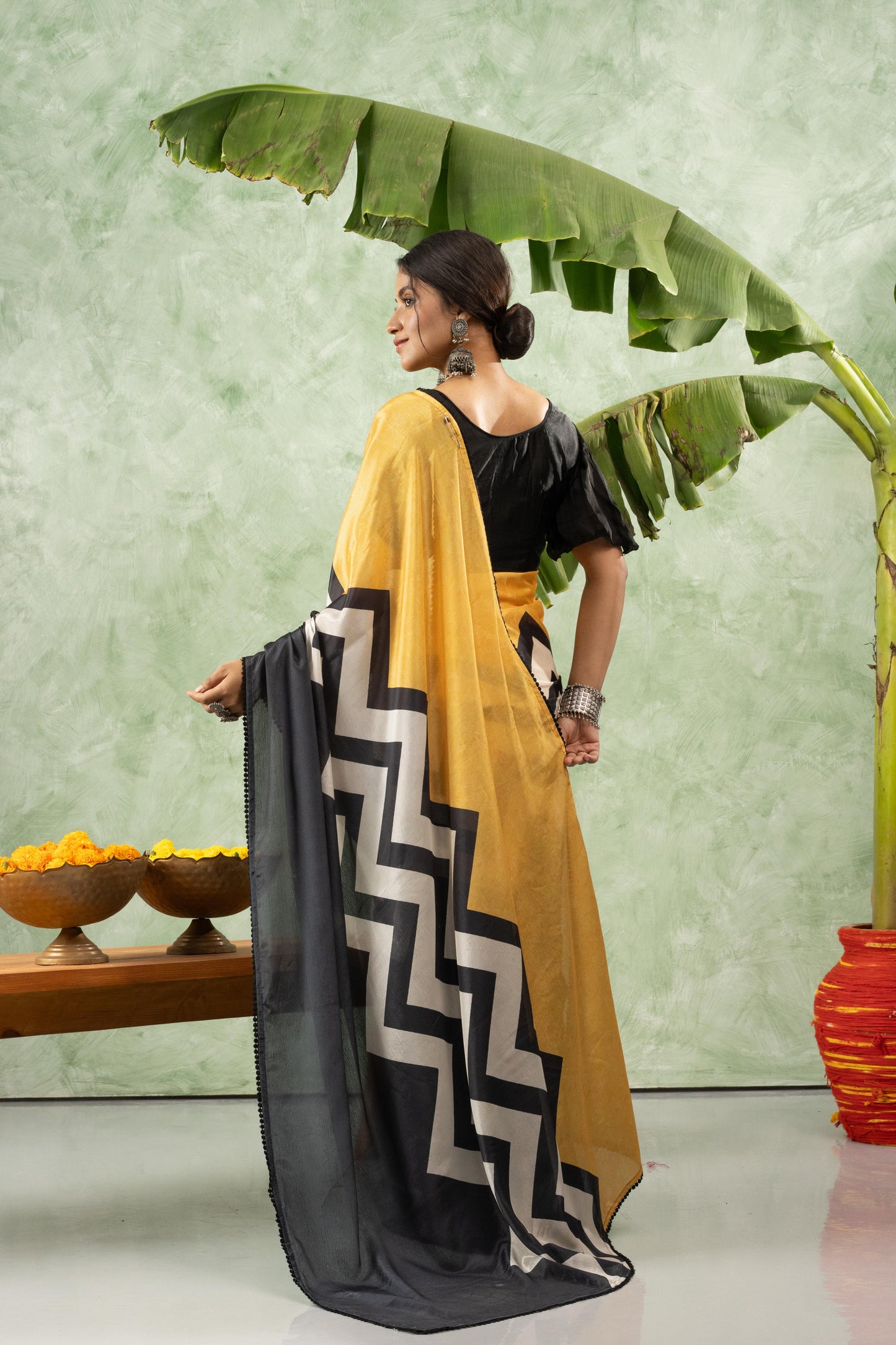 MUSTARD GEOMETRIC CHIFFON SAREE