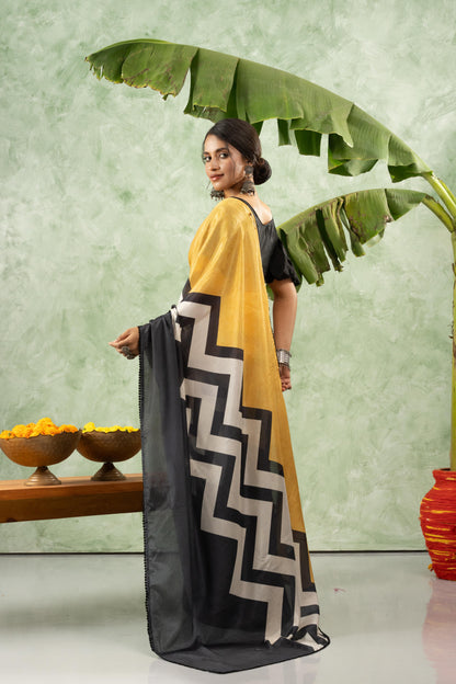 MUSTARD GEOMETRIC CHIFFON SAREE