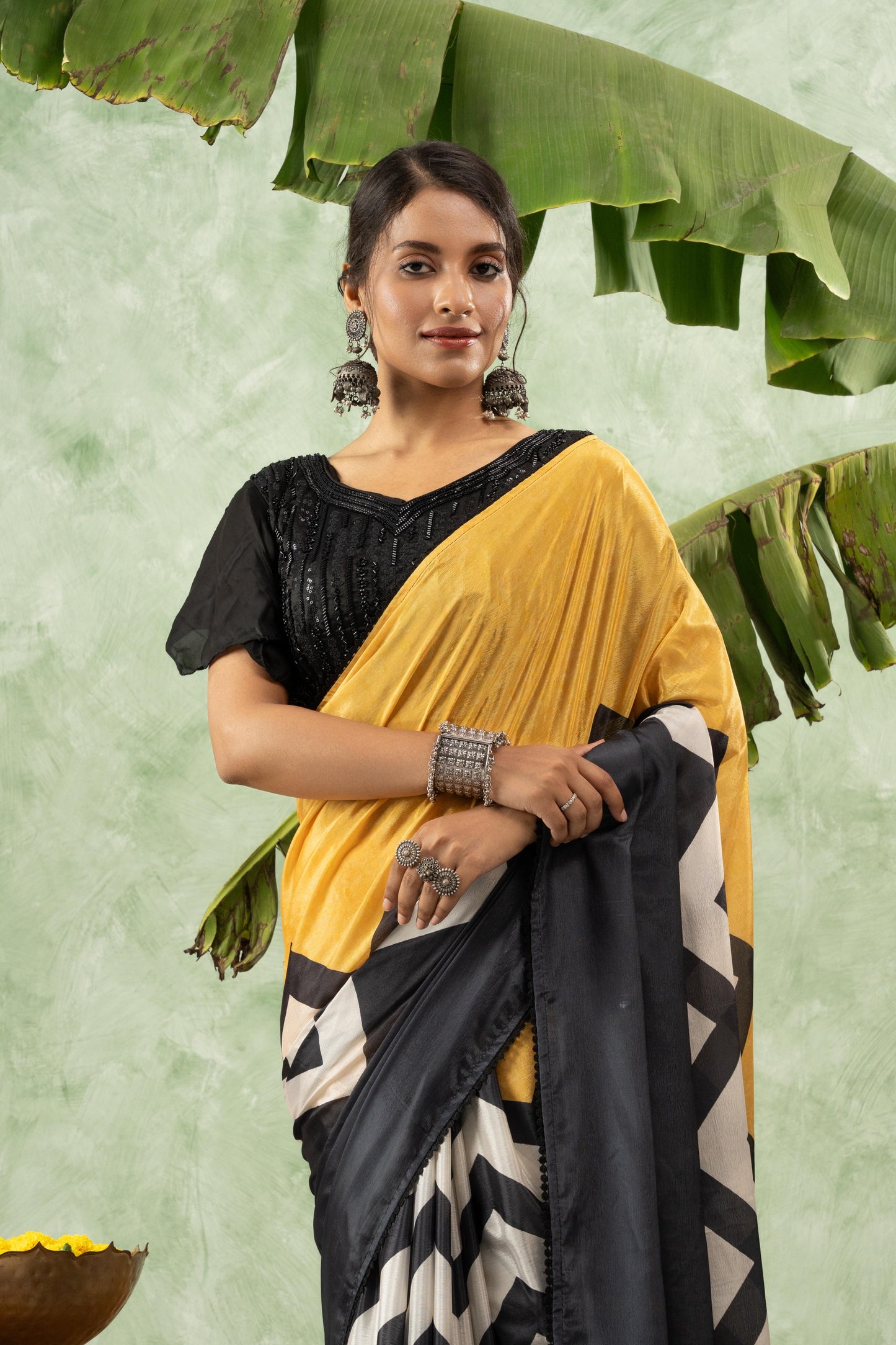 MUSTARD GEOMETRIC CHIFFON SAREE
