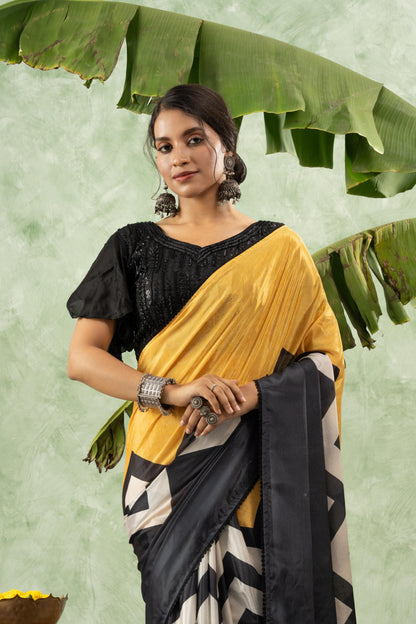 MUSTARD GEOMETRIC CHIFFON SAREE