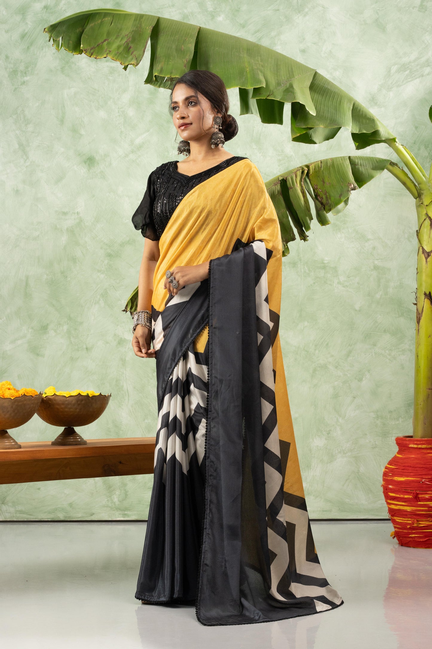 MUSTARD GEOMETRIC CHIFFON SAREE