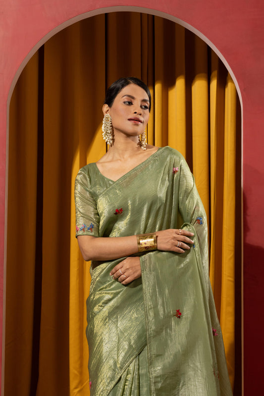 SOPHISTICATED SAGE GREEN SILK-BLEND SAREE