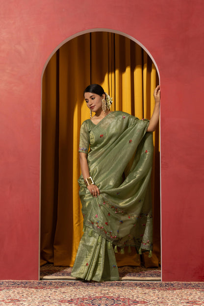 SOPHISTICATED SAGE GREEN SILK-BLEND SAREE