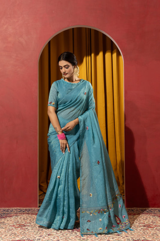 SERENE OCEAN TEAL EMBROIDERED SAREE