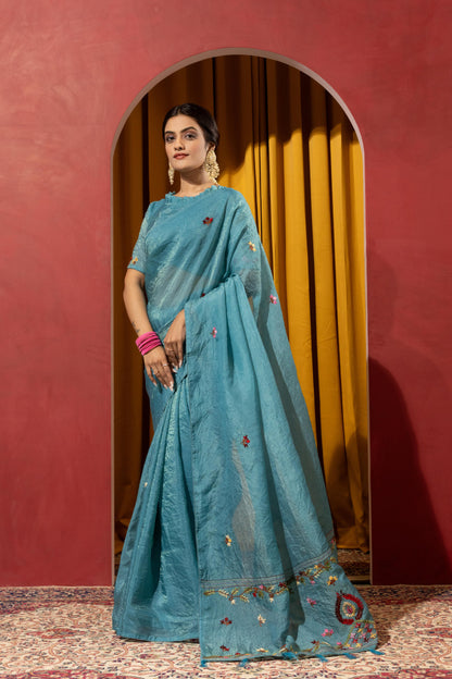 SERENE OCEAN TEAL EMBROIDERED SAREE
