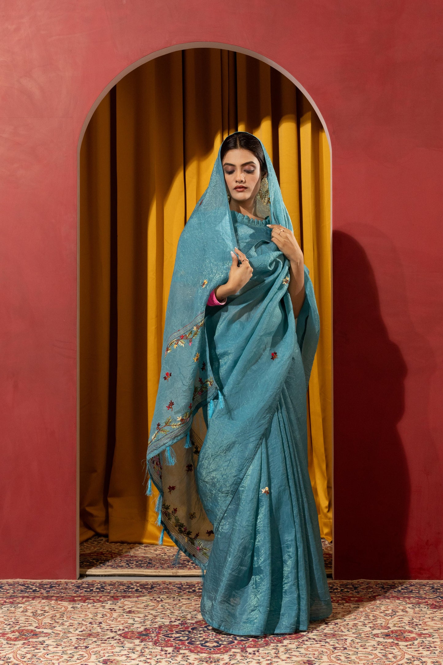 SERENE OCEAN TEAL EMBROIDERED SAREE