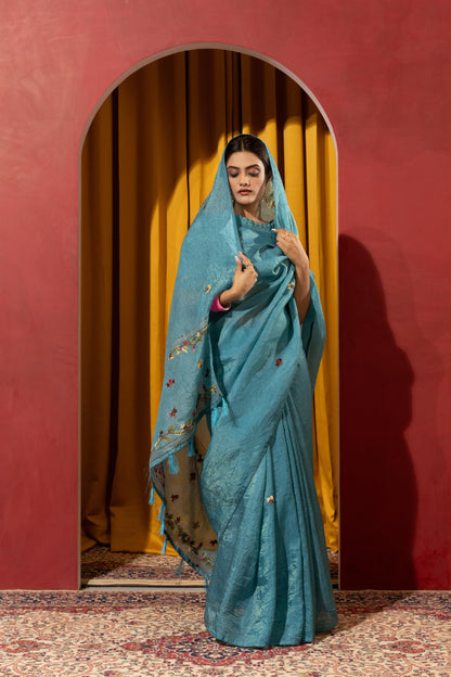 SERENE OCEAN TEAL EMBROIDERED SAREE